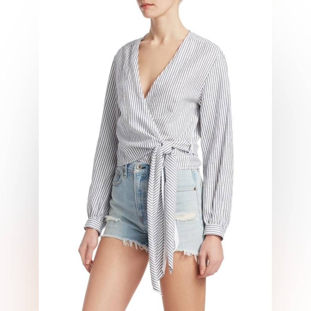 Rag & Bone Grey Striped Cotton Linen V-Neck Long Sleeve Cropped Wrap Blouse - Picture 3 of 9